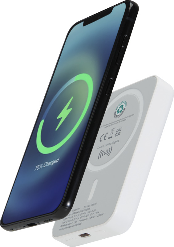 „Acrab“ 5000 mAh, 15 W magnetinis belaidis išorinis akumuliatorius su 20 W PD – pagamintas iš perdirbto plastiko