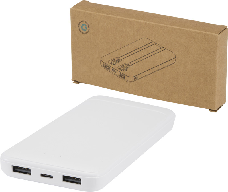 „Adhil“ 10 000 mAh, 10 W iš perdirbto plastiko pagamintas išorinis akumuliatorius su 2 įmontuotais kabeliais