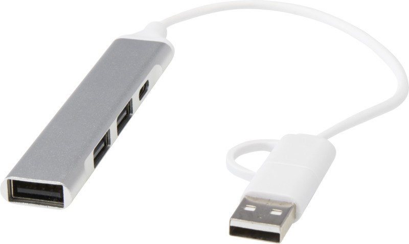 „Alkaid“ 4 prievadų USB-A ir Type-C šakotuvas iš perdirbto aliuminio su dviem įvestimis
