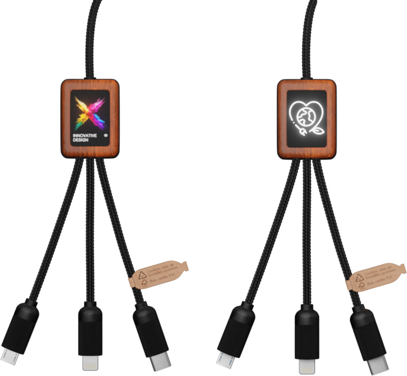 SCX.design C38 40 W „5-in-1“ rPET įkrovimo laidas su šviečiančiu logotipu ir kvadratiniu mediniu korpusu - Image 2