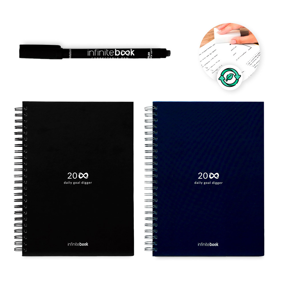 „INFINITE PLANNER A5“ PRADŽIOS RINKINYS. Rinkinyje yra A5 formato „Infinite Diary“ dienoraštis, valymo rinkinys, žymeklis ir žymeklio laikiklis