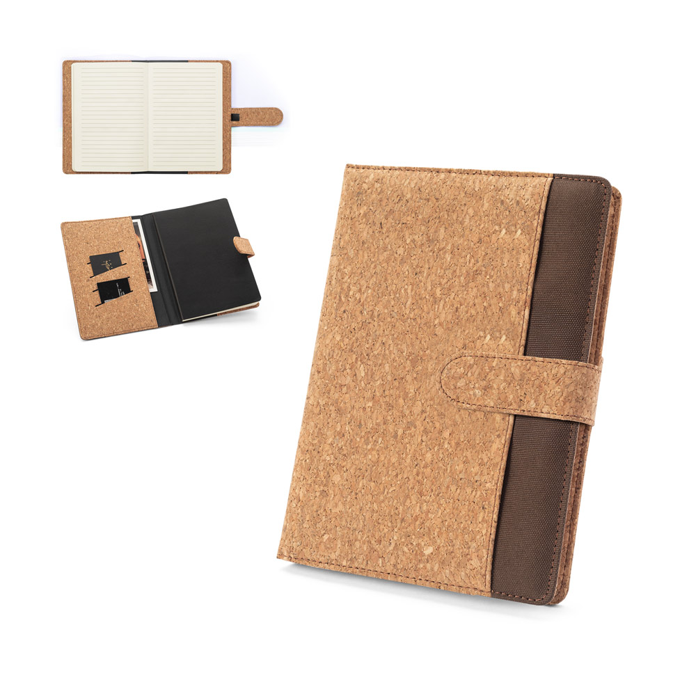 FIELDING. A5 folder in cork and recycled polyester (100% rPET) with removable notebook