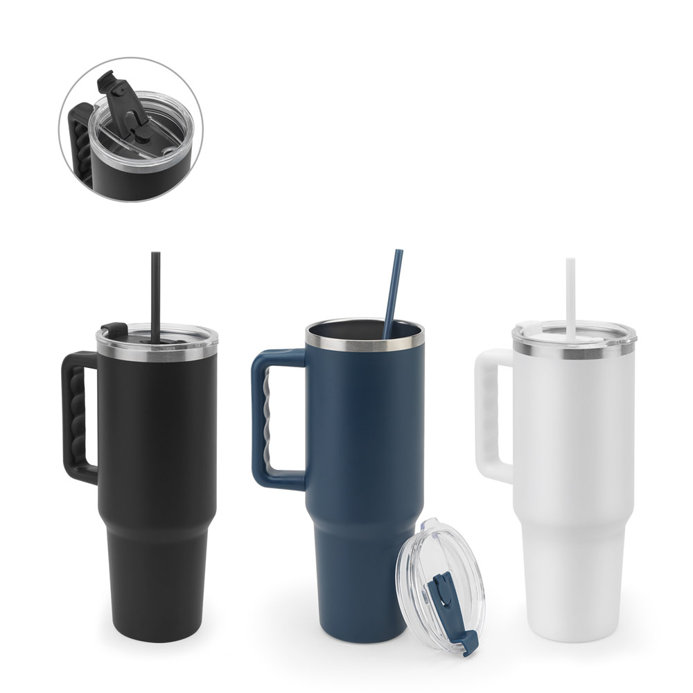 JOYNER XL. Didelis nerūdijančio plieno kelioninis puodelis (91 % perdirbtos medžiagos) su vakuumine izoliacija, dvigubomis sienelėmis ir matiniu paviršiumi, 1300 ml