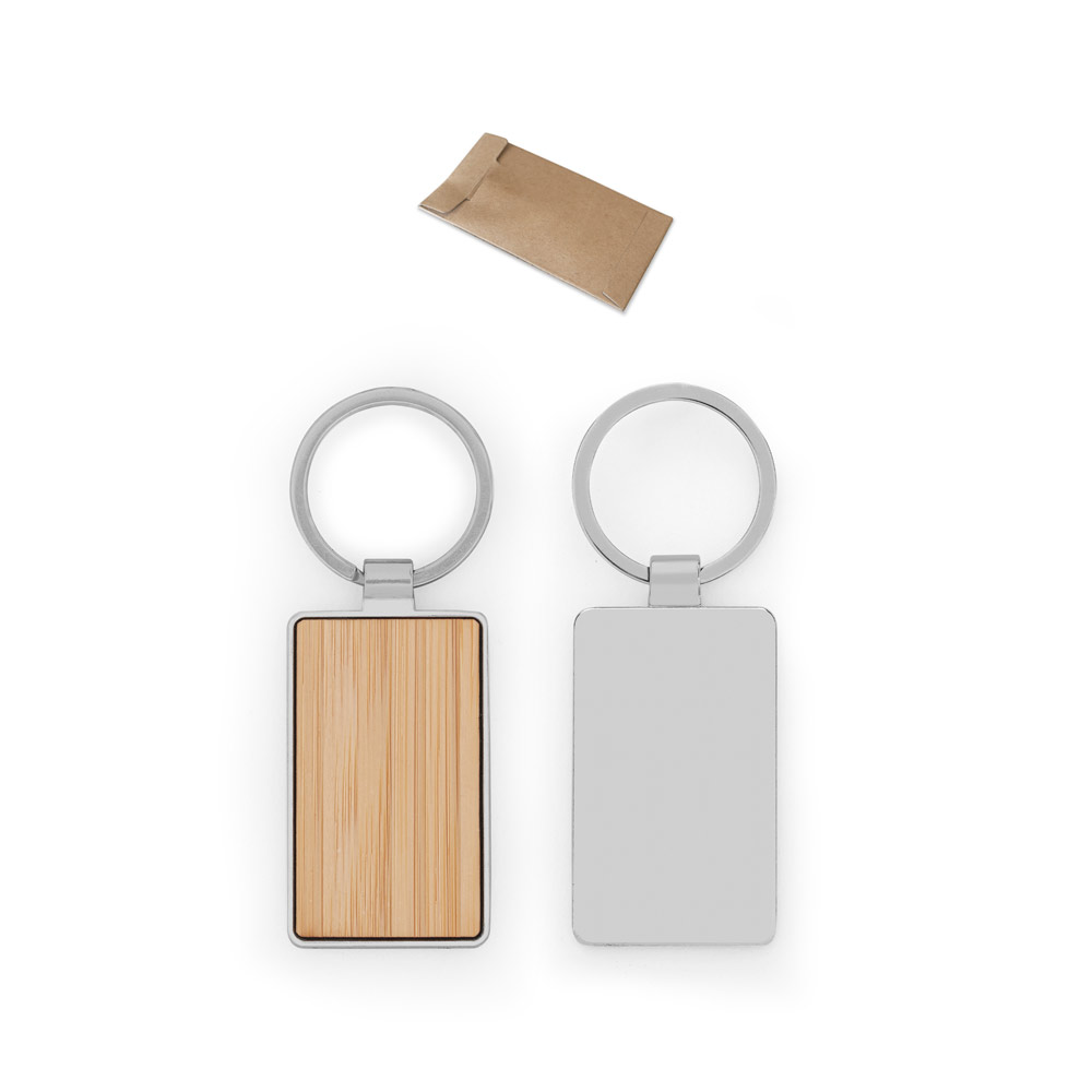 GASTON RECTANGULAR. Stačiakampis geležinis raktų pakabukas iš cinko ir bambuko