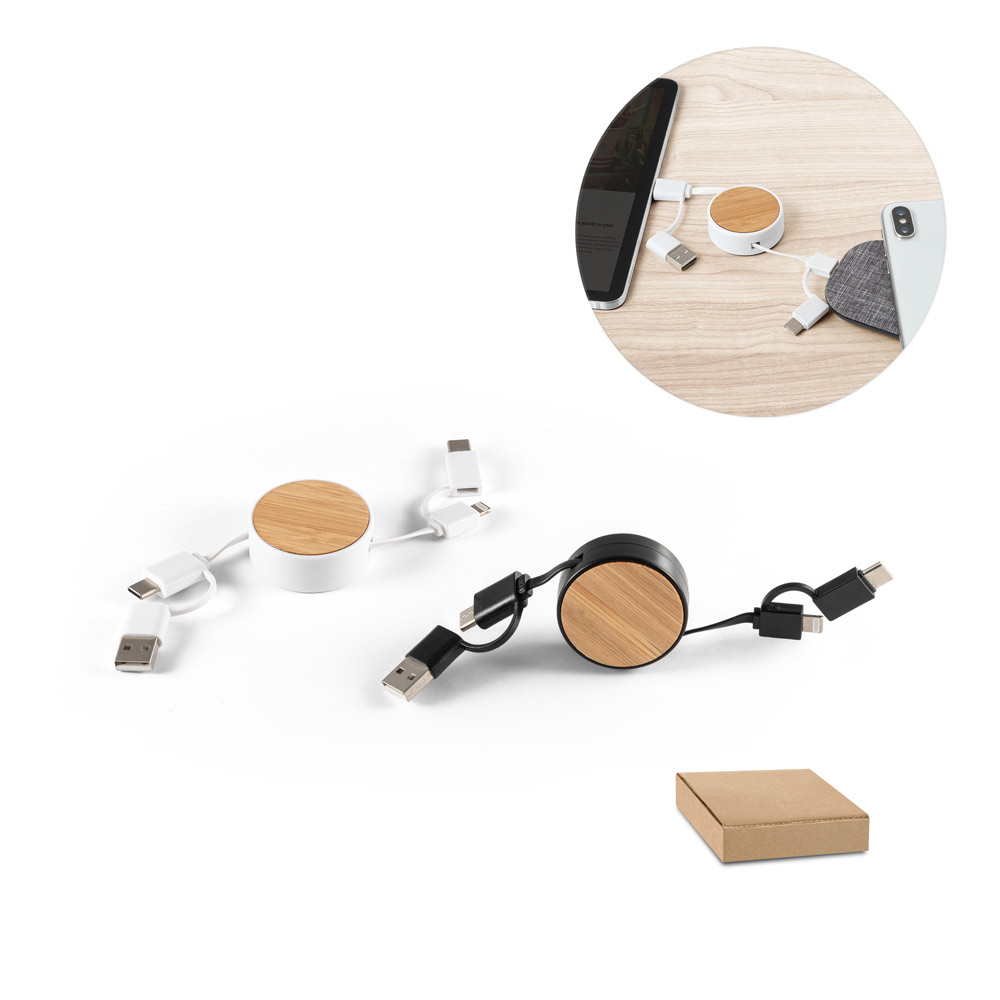 RUBINS. 6-in-1 ištraukiamas USB laidas, pagamintas iš perdirbto ABS (100 % rABS) ir bambuko
