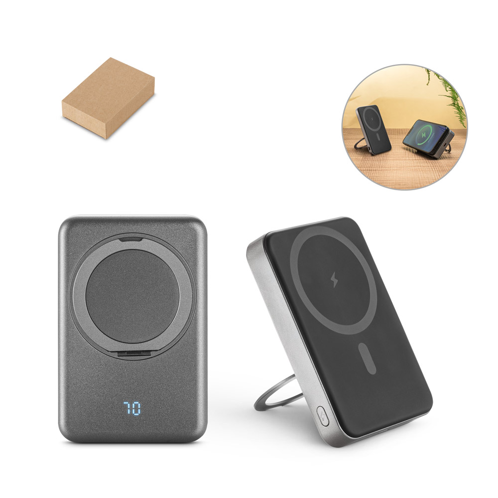 WARSHEL 10. 10 000 mAh magnetinis išorinis akumuliatorius su 15 W ypač greitu belaidžiu įkrovikliu, pagamintas iš perdirbto ABS (100 % rABS), su laikikliu