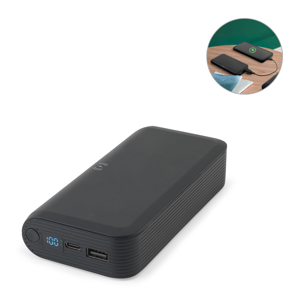 BECKER 20. 20 000 mAh išorinis akumuliatorius, pagamintas iš perdirbto ABS (100 % rABS), su 15 W ypač greitu belaidžiu įkrovikliu