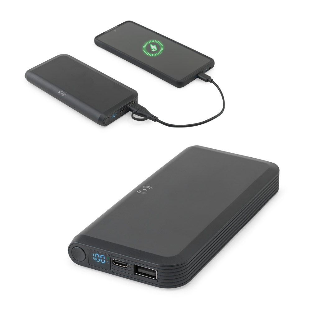 BECKER 10. 10 000 mAh išorinis akumuliatorius, pagamintas iš perdirbto ABS (100 % rABS), su 15 W ypač greitu belaidžiu įkrovikliu