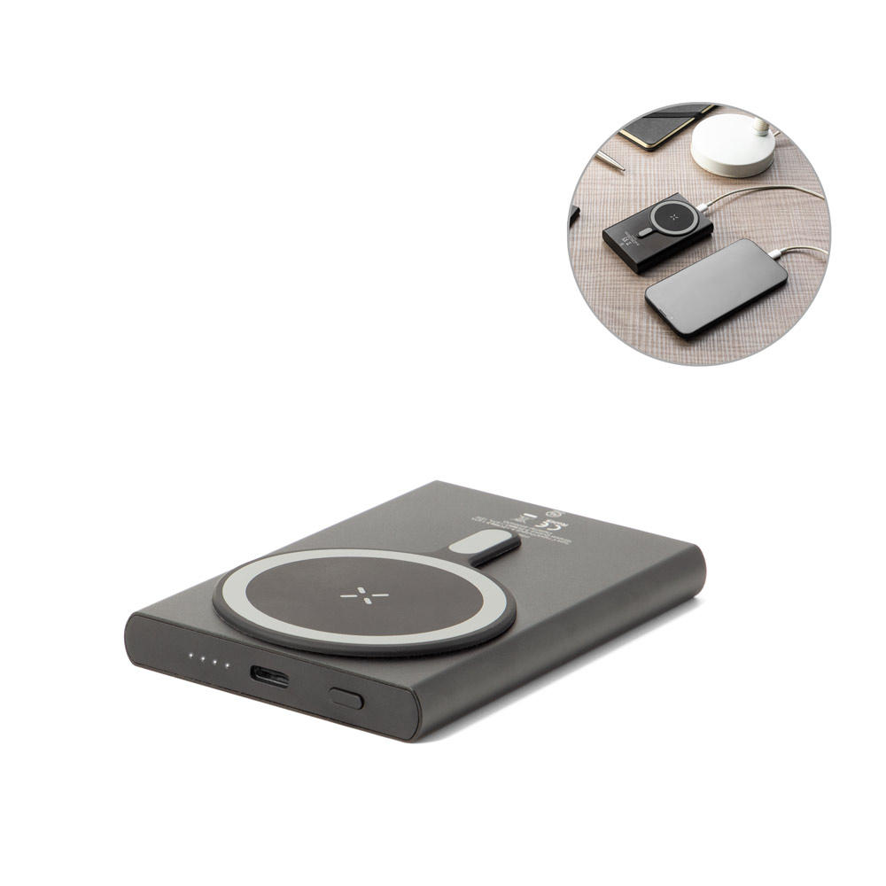 WRIGHT 5. Magnetinis išorinis akumuliatorius su ypač greito įkrovimo funkcija, pagamintas iš perdirbto aliuminio ir perdirbto ABS, 5'000 mAh