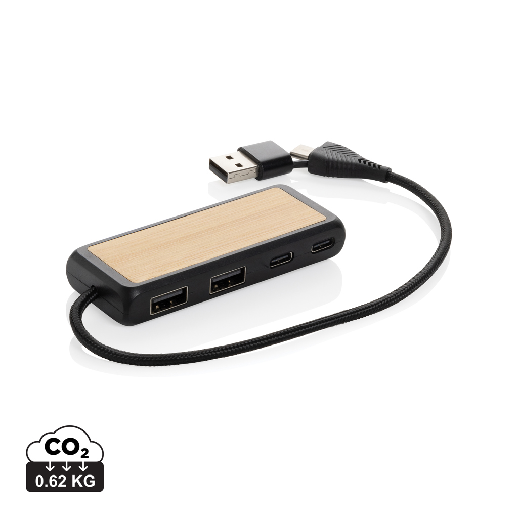 „Link RCS“ USB šakotuvas su dviem įvestimis, pagamintas iš perdirbto plastiko ir bambuko