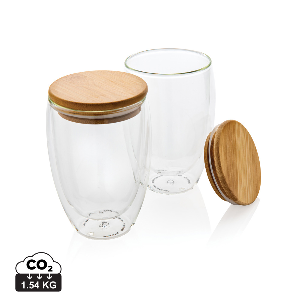 Dvigubos sienelės borosilikatinio stiklo indai su bambukiniu dangteliu, 350 ml, 2 vnt. rinkinys