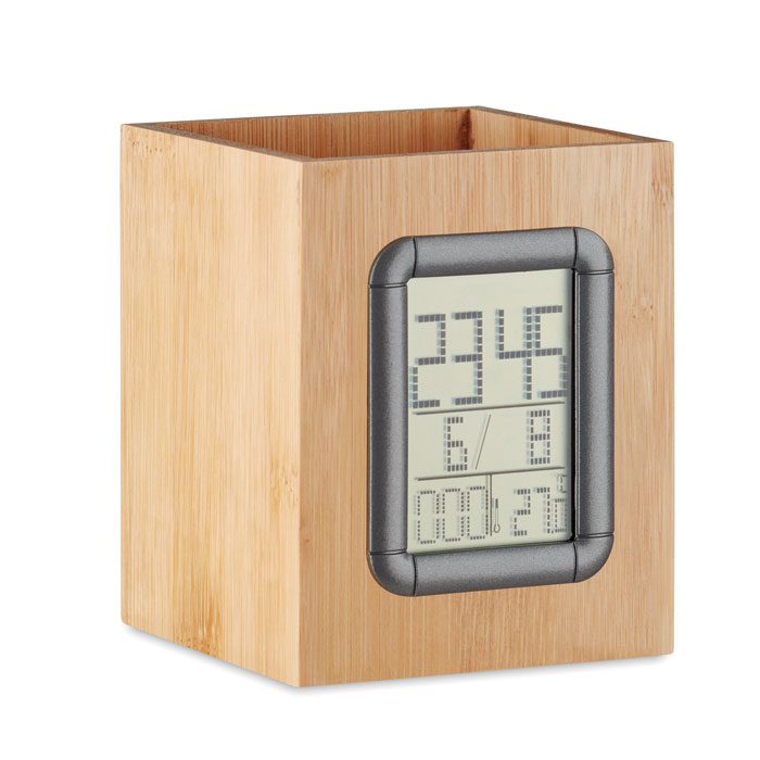 Bambukinis rašiklių laikiklis ir LCD laikrodis