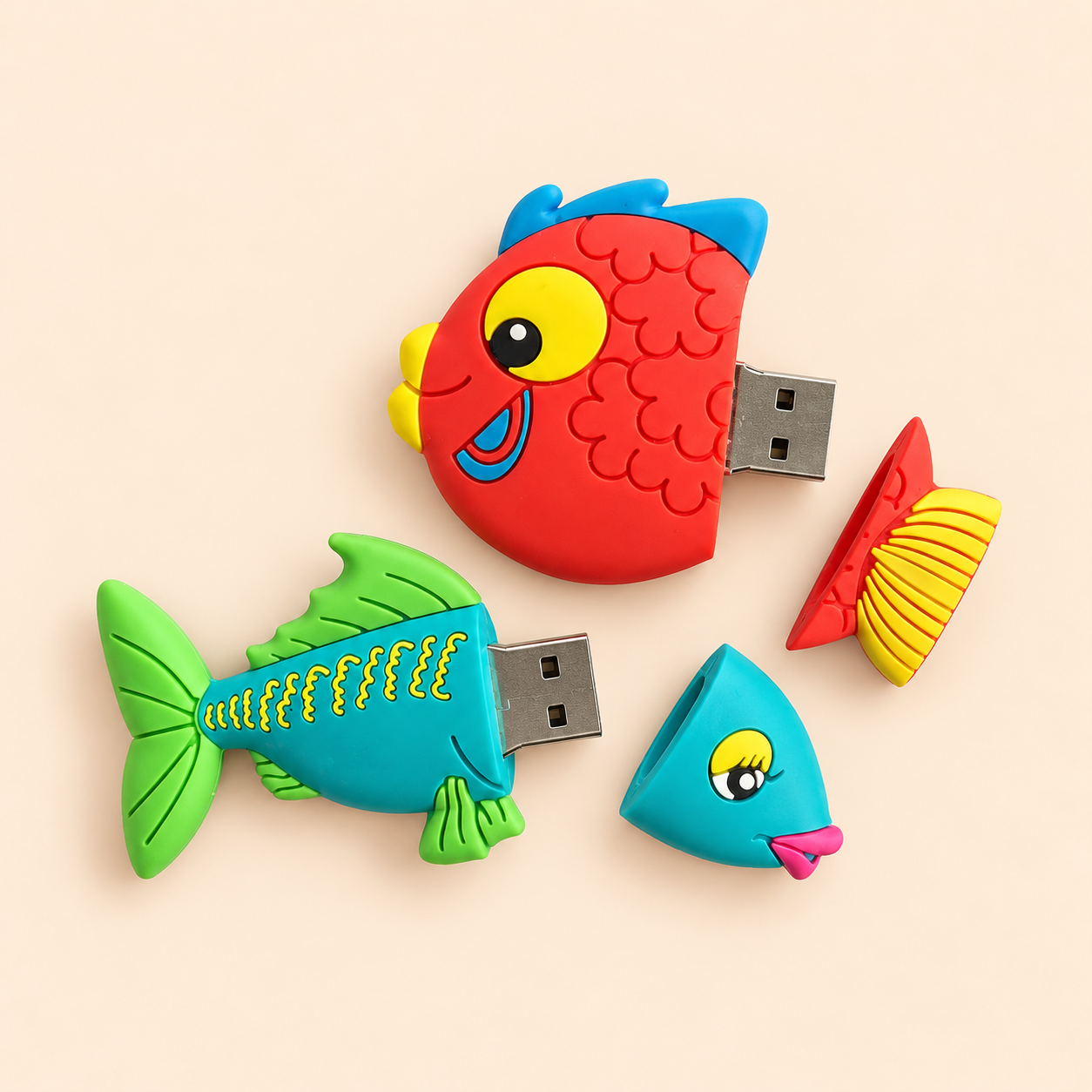 Spalvingos žuvų pavidalo USB atmintinės Valstybiniam turizmo departamentui kreminiame fone